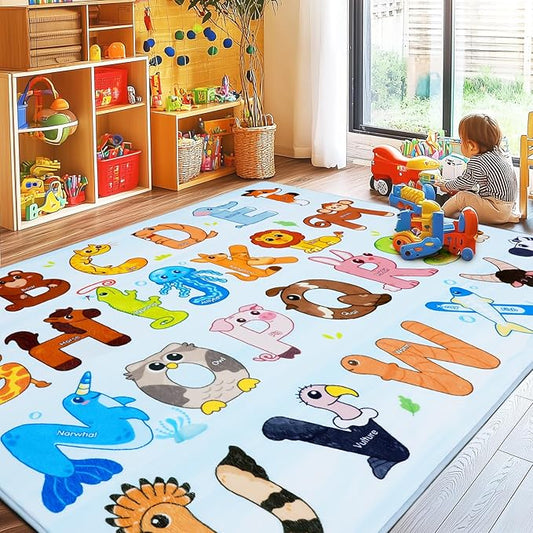 Kids Rugs for Playroom, 7x9 Feet Educational Rug for Learn The ABC Alphabet, Soft Machine Washable Non-Slip Cute Animal Carpet for Classroom Toddler Nursery Kids Room Decor Mat, Blue