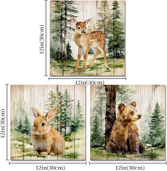 HOMEOART Bear Deer Rabbit Wall Art Animal in Forest Pictures Rustic Cabin Farmhouse Nursery Wall Decor Framed Canvas Wall Art, 12x12inchx3 Pieces