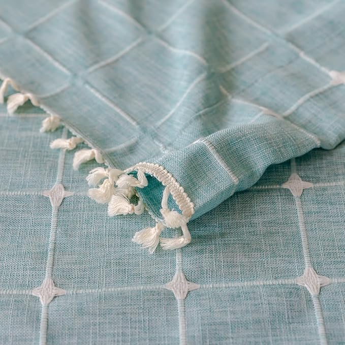 Deeprove Aqua Boho Curtain Valance 18 Inches Length Teal Bohemian Lattice Gingham Textured Embroidery Plaids, Vintage Chic Tassels Casual Easter Decor Drapes Rod Pocket, 1 Panel W52 x L18