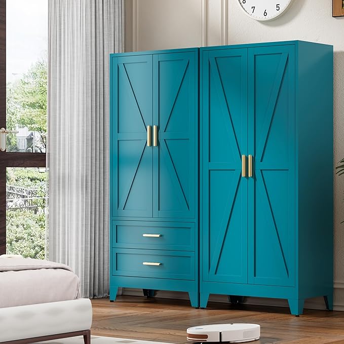 71'' Farmhouse Metal Wardrobe Cabinet with Hanging Rod, 2 Barn Door Wardrobe Closet with 2 Adjustable Shelves,for Dining Room,Bedroom,Living Room, Cloak Room,Office (Peacock Blue)