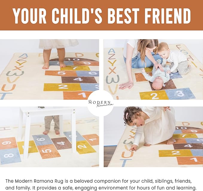 Kids Playroom Rug – Washable Hopscotch Alphabet & Numbers Carpet | Large 4.6' x 6.5' Non-Slip Toddler Play Mat | Educational ABC Area Rug for Classroom, Nursery & Neutral Home Décor
