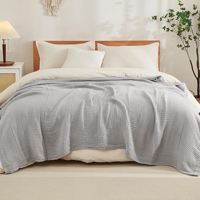 EMME Cotton Muslin King Blanket Big Oversized Bed Layering Bedspread Coverlet Breathable Gauze Soft Lightweight Blankets (Light Grey, 120"x94")
