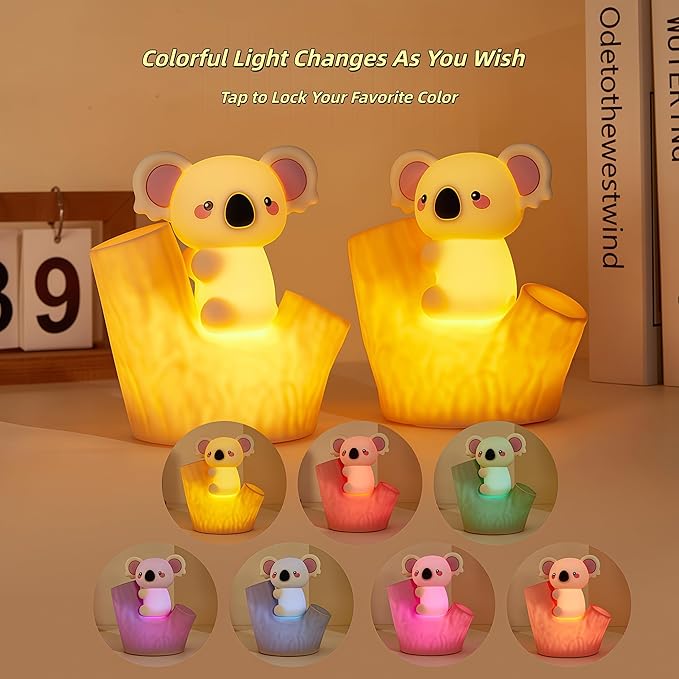 Koala Tap Night Light USB Rechargeable Dimmable Timer RGB Color Changing Silicone Cute Cartoon LED Touch Lamp for Kids Bedroom Nursery Baby Toddler