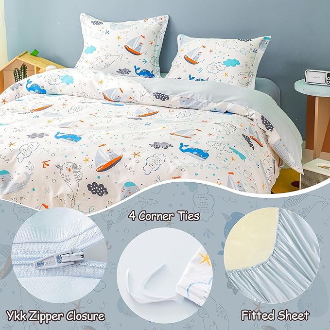 Simple&Opulence 100% Organic Cotton Duvet Cover for Kids Teens, 4 Pieces Soft Comforter Cover with Zipper Closure Cool Boy Girl Sea Sailboat Ocean Bedding Set - Whale, Full/Queen