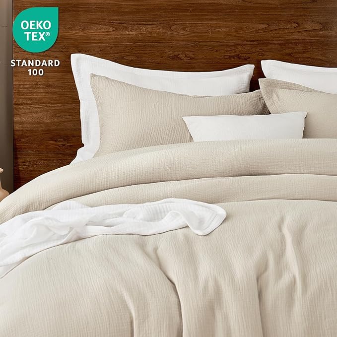 PHF Cotton Muslin Comforter Set King Size, Ultra Soft, Breathable & Lightweight All-Season Bedding, Filling: 100% Polyester, 3 Pieces with 1 Comforter 104"x90" and 2 Pillow Shams 20"x36", Natural