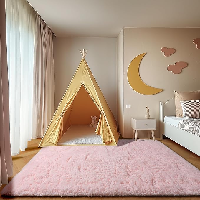 ONASAR Pink Rugs for Bedroom Girls, Fluffy 4x6 Soft Plush Fuzzy Shaggy Kids Area Rug, Washable Cute Indoor Floor Carpet for Teen Boys Dorm Nursery Bedside Home Living Room Decor Aesthetic