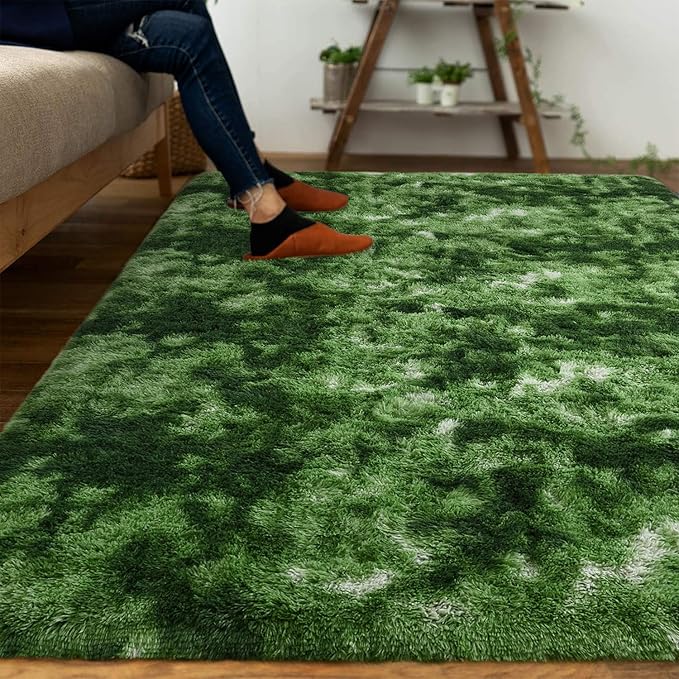 DweIke Fluffy Dark Green Rugs for Bedroom Living Room, 5x8 Large Soft Plush Shaggy Tie-Dyed Forest Moss Green Girls Boys Kids Rug, Non-Slip and Machine Washable Carpet for Dorm Nursery Decor