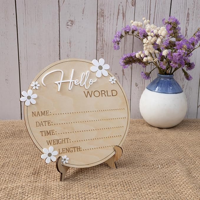 Baby Announcement Sign 6.5 Inch Wooden Hello World Newborn Welcome Sign Birth Name Plaques for Photo Props Shower Hospital Nursery (Daisy)
