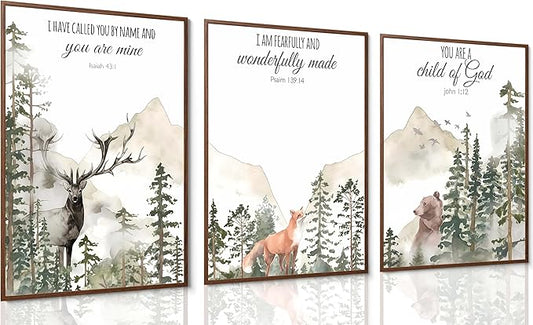 3pcs Forest Animals Bible Verse Wall Art Misty Forest Deer Bear Fox Paintings Canvas Prints Poster Inspirational Quotes Pictures Wall Decor for Home Bedroom Nursery Baby Room Playroom Decor Unframed