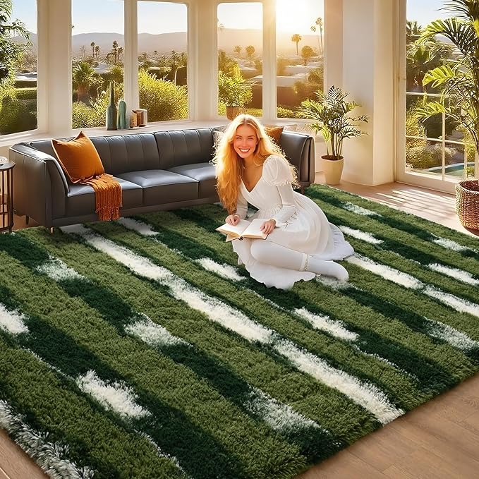 5x7 Feet Area Rugs for Living Room Bedroom,Green and White Machine Washable Soft Fluffy Shaggy Indoor Rug, Floor Carpet for Girls Boys Kids, Dorms, Nursery Rooms, Home Decor Aesthetic