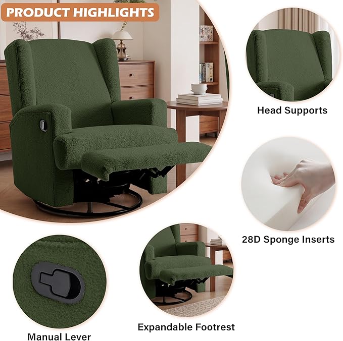 UIXE Swivel Glider Recliner Chairs Set of 2, Boucle High Back Accent Chair Nursery Rocker for Living Room, Upholstered Manual Reclining Sofa Seating with Deep Seat - Green