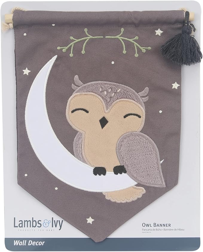 Lambs & Ivy Owl Canvas Banner Nursery Wall Art/Wall Hanging - Gray