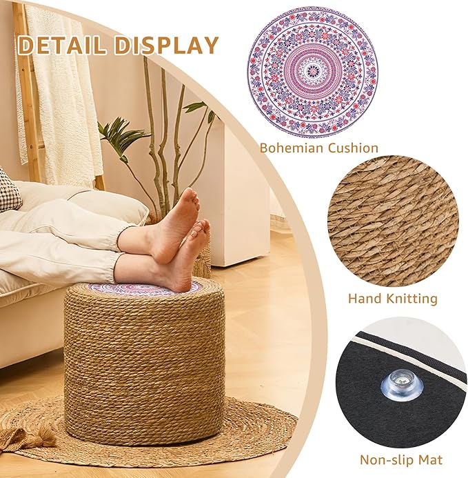 Wimarsbon 18'' Ottoman Pouf, Natural Braided Poof, Rustic Handweave Lounge Pouffe, Boho Footrest Stool for Bedroom, Accent Table for Living Room (18inch Natural Cattail-Boho Style 4)