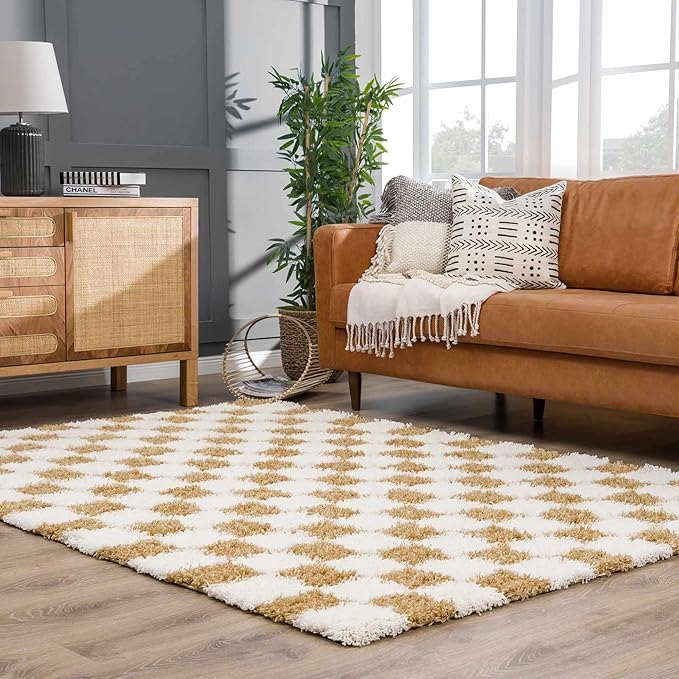 BoutiqueRugs Atira Modern Checkered Shag Area Rug - High Pile Fluffy Shaggy Carpet for Kids Room, Nursery, Living Room - Yellow, Cream, White, Mustard - 6'7" X 9'6" (6x9)
