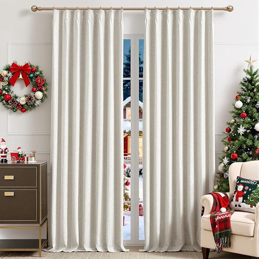 IVAPUPU Natural Linen Blend Pinch Pleated Full Blackout Curtains for Bedroom - 2 Pages Black Out Curtains 112 Inch Long 2 Panel for Living Room Darkening Thermal Window Curtain Drapes with 16pc Hooks