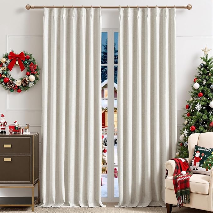 Natural Linen Blend Pinch Pleated 100% Blackout Curtains for Bedroom - 2 Pages Black Out Curtains 120 Inch Long 2 Panel for Living Room Darkening Thermal Window Curtain Drapes with 16pc Hooks, Thick