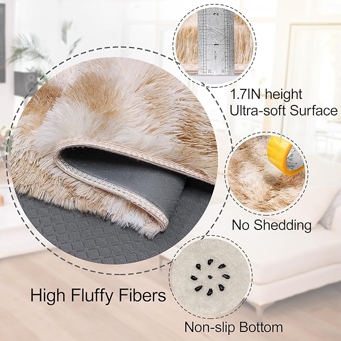 2x6 Soft Fluffy Beige Runner Rug for Bedroom Hallway, Plush Shag Rug Tan Carpet Non Slip Washable for Nursery Dorm Living Room, Fuzzy Bedside Long Rug Runner for Kids Girls Room Decor