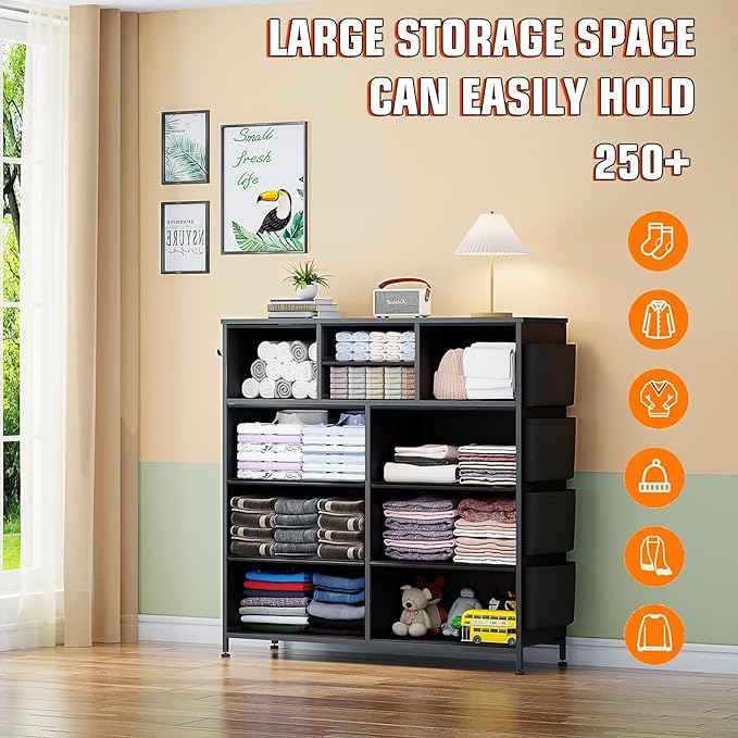 10 Drawer Dresser, Chest of Drawers for Bedroom, PU Dresser with Side Pockets, Hooks, Wooden Top and Sturdy Metal Frame for Living Room, Closet, Hallway (Black)