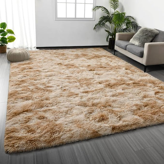 Shag Area Rug, 4 X 6 Tie-Dyed Plush Fuzzy Rugs for Living Room, Ultra Soft Fluffy Furry Rug for Bedroom, Indoor Carpet Nursery Rugs for Kids Room Home Decor, Beige