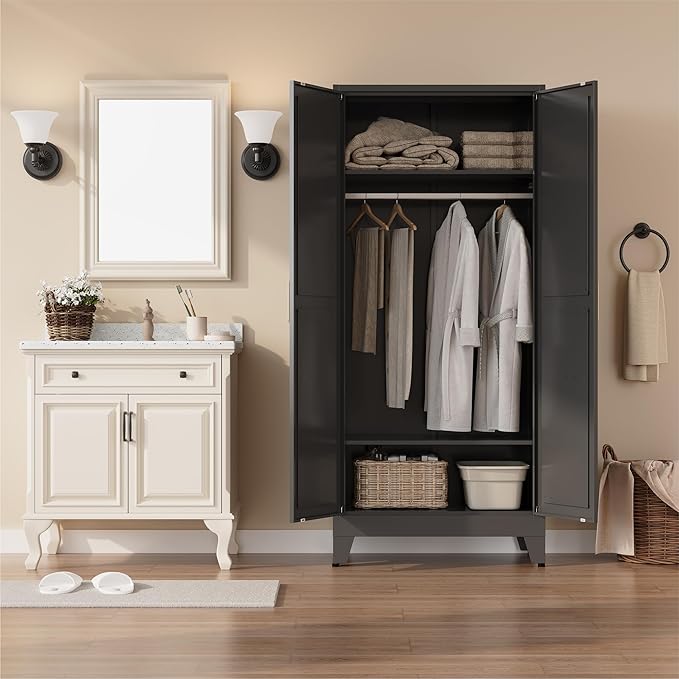 Metal armoire Wardrobe Closet with Hanging Rod,71'' Metal Wardrobe Cabinet with 2 Doors and 2 Adjustable Shelves, Bedroom armoires,Laundry Room cabinets,armario de ropa Closet