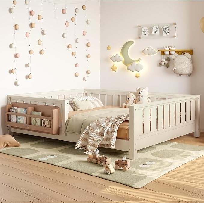 Bellemave Full Size Floor Bed with Slats and Safety Guardrail, Full Size Montessori Floor Bed with Fence and Built-in Bookshelf, Easy Assemble Montessori Beds for Kids, Girls, Boys, Beige