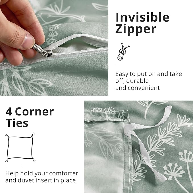 MUXHOMO Duvet Cover King Size, Reversible Floral Green Duvet Cover Set with Zipper Closure, 3 Pieces Botanical Patterns Soft Microfiber Bedding Set (90"x104", 2 Pillow Cases 20"×36")