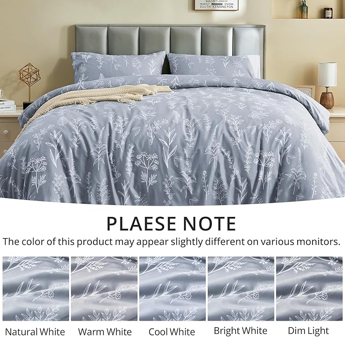 MUXHOMO Duvet Cover Queen Size, Reversible Floral Grey Duvet Cover Set with Zipper Closure, 3 Pieces Botanical Patterns Soft Microfiber Bedding Set with 4 Ties (90"x90", 2 Pillow Cases)