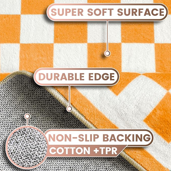 Washable 8x10 Checkered Area Rug for Living Room, Orange Checkerboard Modern Boho Large Rugs, Ultra Thin Low Pile Lightweight Indoor Carpet with Non-Slip Backing for Bedroom Kids Nursery Play Room