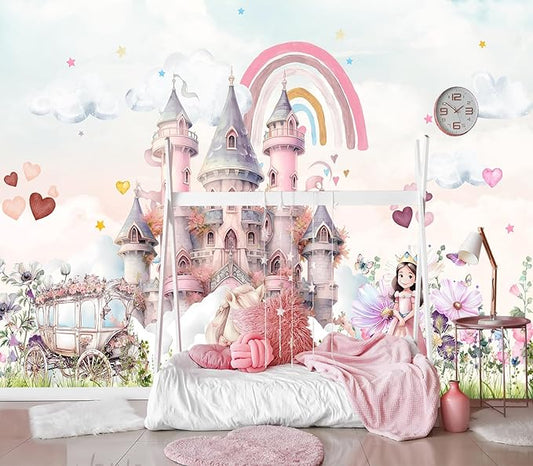 XMPMBM-Pink Cartoon Citadel Nursery Room Fabric Wallpaper Girls Bedroom Wall Mural-W 132" X H 92"（93 Square Foot）