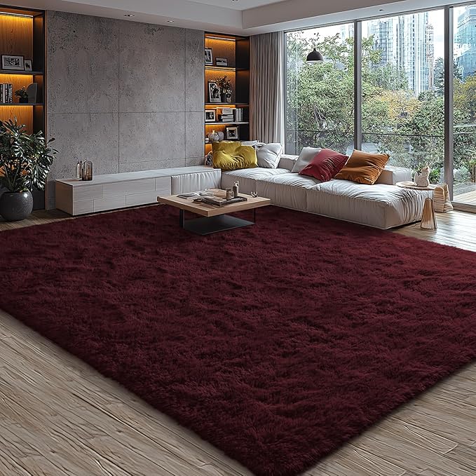 EVOIONOS 5x7 Washable Large Area Rug for Living Room, Fluffy Shag Bedroom Rug, Ultra Soft Plush Non Slip Carpet Indoor Floor Bedside Nursery Kids Girls Room Dorm, Home Decor Aesthetic, Midnight Red