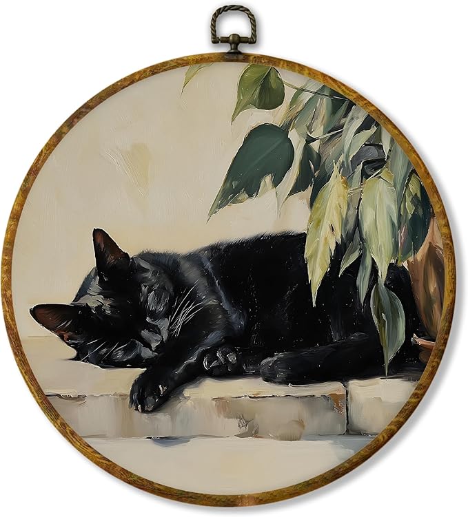 Hiuwevt Vintage Black Cat Round Wall Art Decor, Black Cat Lovers Mom Gifts Framed Canvas Prints, Retro Antique Cottagecore Round Wall Hanging Decor for Home Living Room Decorations, 10x10 Inches