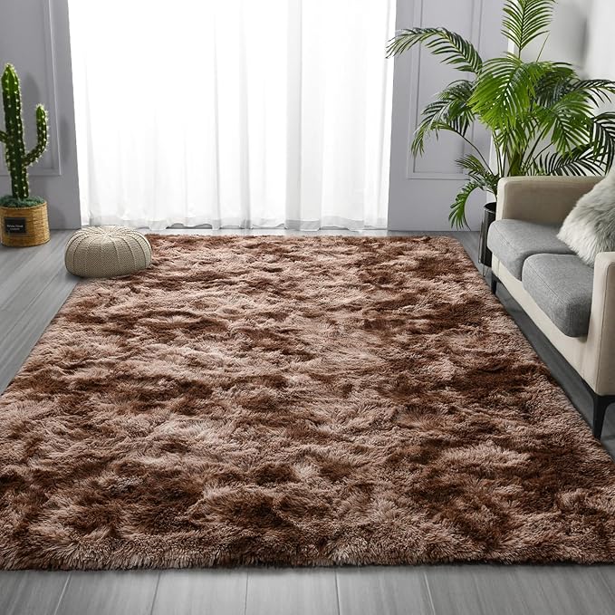 Large Shag Area Rugs 8 x 10, Tie-Dyed Plush Fuzzy Rugs for Living Room, Ultra Soft Fluffy Furry Rug for Bedroom, Indoor Carpet Nursery Rugs for Kids Room Home Decor, Coffee
