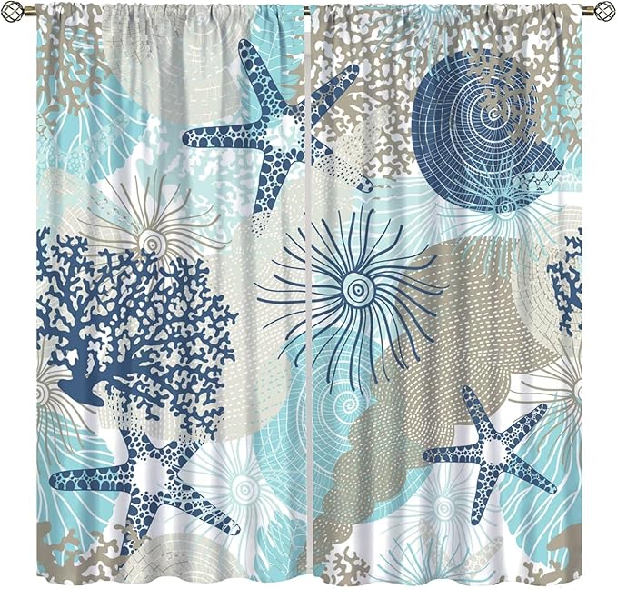 Coastal Curtains Ocean Beach Themed Room Darkening Window Curtain Nautical Coral Blackout Curtain for Bedroom Living Room Bathroom Nursery Set 2 Panels,63x72 Inches