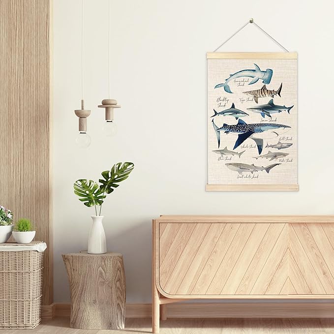 Ecezatik Species of Sharks Wall Art with Wooden Poster Hanger, Shark Posters, Beach Room Decor, Ocean Room Decor, Shark Wall Art Decor for for Classroom Nursery Kids Room Playroom, 16x24 Inch
