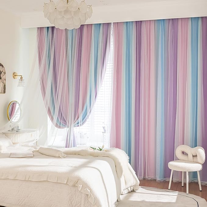XiDi Blackout Curtains with Sheer Overlay for Girls Bedroom 2 Panels 63 Inches Long Double Layer Rainbow Pink Purple Curtains for Nursery Kids Room Unicorn Princess Home Decor Grommet Drapes W34XL63
