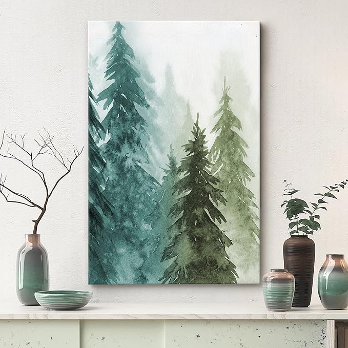 SIGNWIN Canvas Print Wall Art Woodland Nursery Decor Green & Teal Watercolor Forest Pine Trees Floral Nature Illustrations Modern Chic Dramatic Multicolor for Living Room, Bedroom, Office - 12"x18"