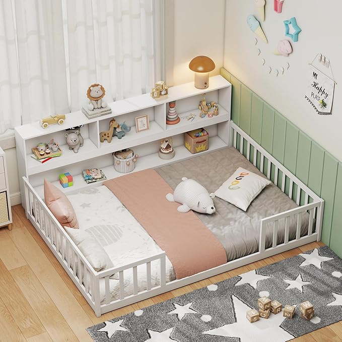 Giantex Full Size Floor Bed for Kids, Wooden Montessori Bed Frame with Bookcase, Storage Shelves & Safety Fence Rails, Floor Beds Full for Girls, Boys, No Box Spring Needed, Without Slats, White
