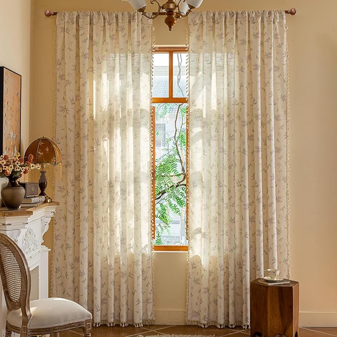 OYX Purple Boho Floral Curtains 96 Inch Length 2 Panels for Living Room, Bedroom Light Filtering Drapes, Farmhouse Country French Rustic Tassels Patterned Rod Pocket Aesthetic Decor Window Treatments