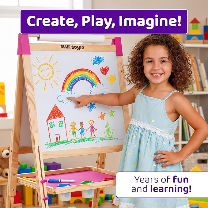 Blue Squid Art Easel for Kids with Paper Roll x 3, Includes 100+ Accessories, Double Sided Adjustable Wooden Painting Easel with Magnetic Chalk Board, White Board for Toddlers Ages 3,4,5,6,7,8,9,10,12
