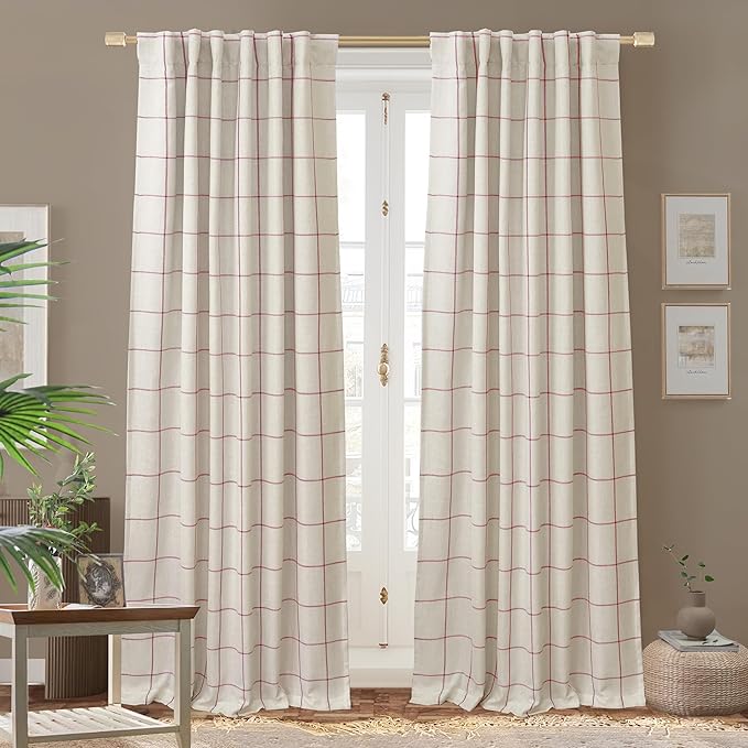 DriftAway 2 Panels 100% Blackout Windowpane Plaid Linen Curtains Double Layer Drapes for Bedroom 84 Inches Long Farmhouse Thermal Insulated 3.25 Inch Rod Pocket Back Tab for Living Room Red