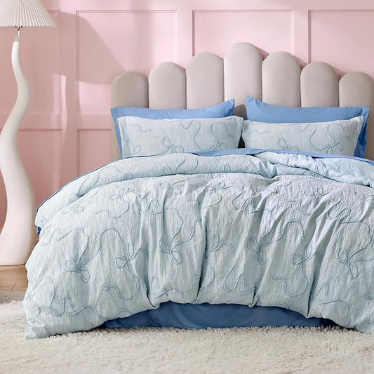 Bedsure Blue Duvet Cover King Size with Bowknot Jacquard Design, Soft and Elegant Boho Bedding Set, Luxurious Craftsmanship for a Stylish Bedroom,Includes 1 104"x90" Duvet Cover & 2 Pillow Shams