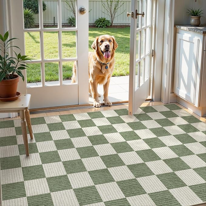 LIVEBOX 4x6 Washable Area Rug Checkered, Non-Slip Small Entryway Rug Green Farmhouse Neutral Classic Geometric Boys Rug for Bedroom Living Room Low-Pile Carpet for Indoor Kitchen(Sage Green 4'x6')