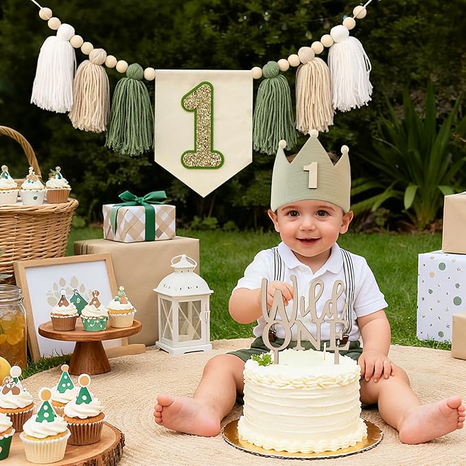 Wild One High Chair Banner For 1st Birthday Party Boy Decorations With Green Tassel Garland Crown Hat Wild One Cake Topper