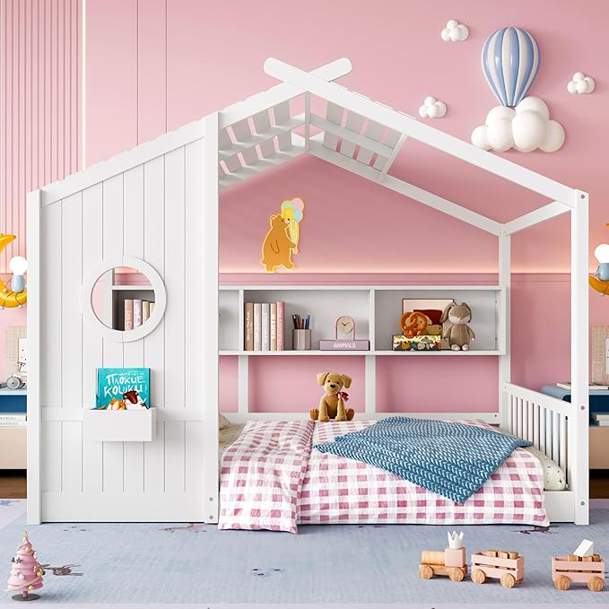 Full Size Floor House Bed with Roof and Window for Kids, Wooden Playhouse Bed with Storage Shelves for Bedroom Furniture Girls & Boys (White/L1, Full)