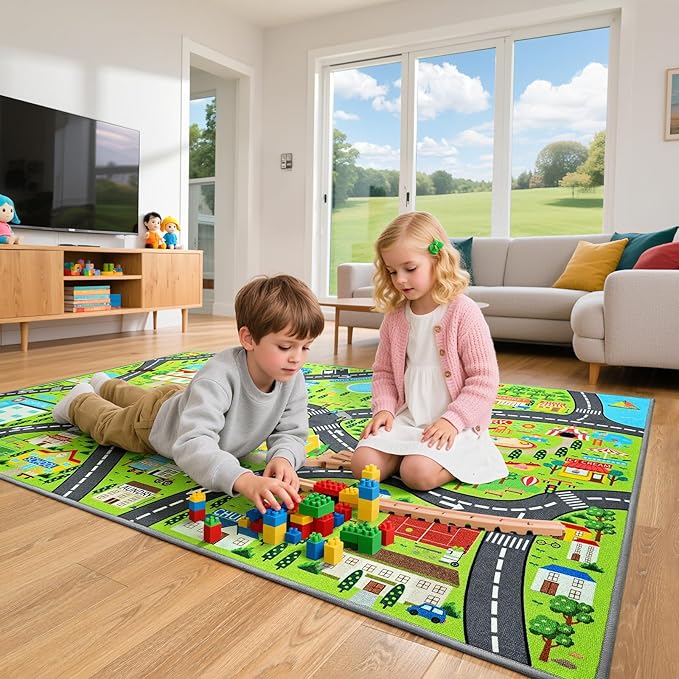 Community Helpers Play Rug – Educational Kids Carpet with Fire Station, School, Park & More for Learning and Play, Ideal for Playroom Classroom Bedroom Nursery, 60"x36"