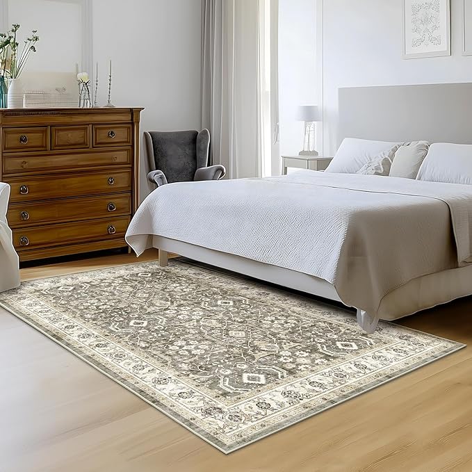 WITSHOCK Living Room Area Rugs 5x7: Washable Rug Boho Soft Non-Slip Low Pile Stain Resistant Foldable Carpet for Bedroom Playroom Dining Room Office Kitchen Farmhouse Home Decor Rug-Brown/Beige