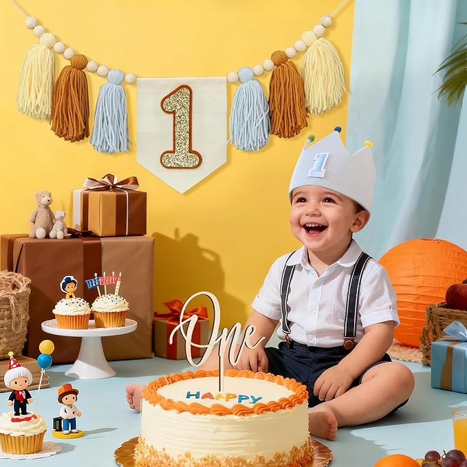 Baby 1st Birthday Party Decorations For Handmade Blue Tassel Garland Highchair Banner With Cake Topper Crown Hat