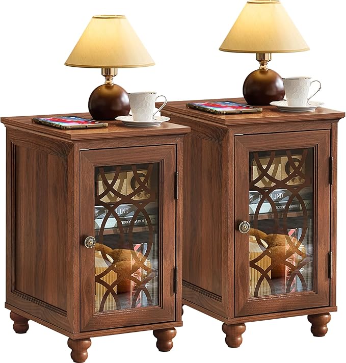 Narrow Side Table Set of 2 with Glass Door, 18 x 14'' Night Stand with Adjustable Shelf Storage Cabinet Organizer, Bedside End Tables Wood Nightstand for Small Spaces Living Room Bedroom
