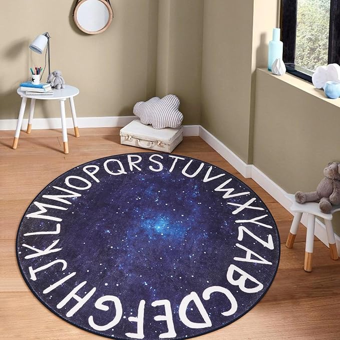 LIVEBOX Kids Play Room Round Rug for Bedroom, ABC Washable Rug for Classroom, Large Circle Rug for Playroom,Galaxy ABC Rugs Educational Learning Carpet for Classroom Dorm(71",Star Blue)