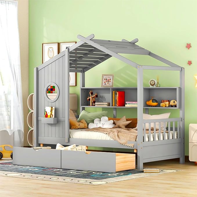 Modern Twin Size House Bed with Roof and Window, Wooden Daybed Frame with Shelves and 2 Drawers,Bedroom Furniture for Girls & Boys (Gray+2 Drawers/)